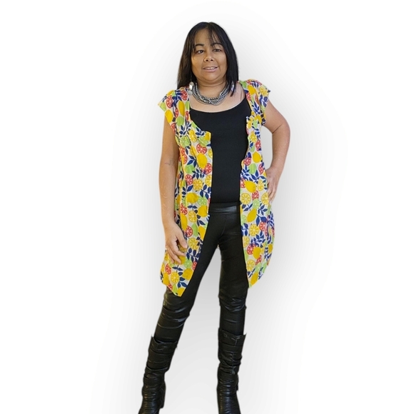 YELLOW AND BLUE WOMENS FLORAL SHEER BLOUSE SIZE MEDIUN - Picture 2 of 10